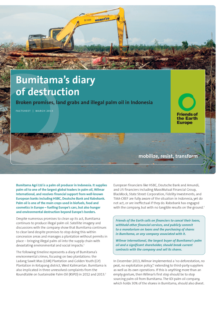 Voorbeeld van de eerste pagina van publicatie 'Bumitama diary of destruction: land grabs and illegal palm oil'