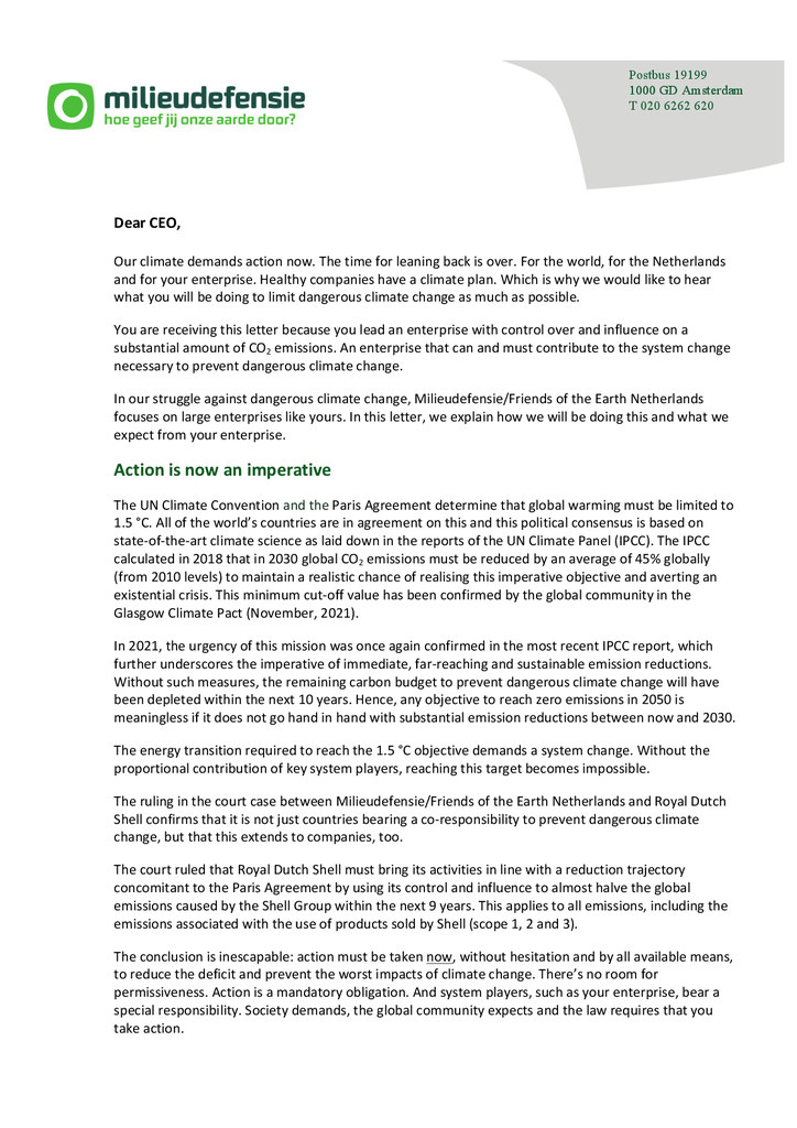 Voorbeeld van de eerste pagina van publicatie 'Correspondence with 29 CEOs asking for their climate plan'