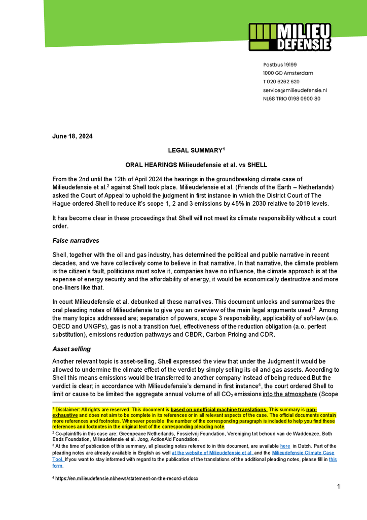 Voorbeeld van de eerste pagina van publicatie 'Legal Summary: Oral hearings Milieudefensie et al. vs Shell'
