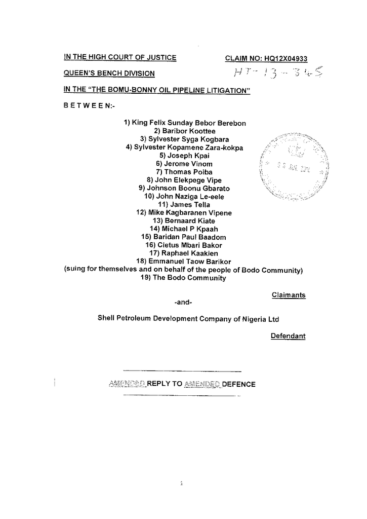 Voorbeeld van de eerste pagina van publicatie 'Courtcase Bodo vs Shell: Amended reply to the amended defence part 1 (page 1-50)'
