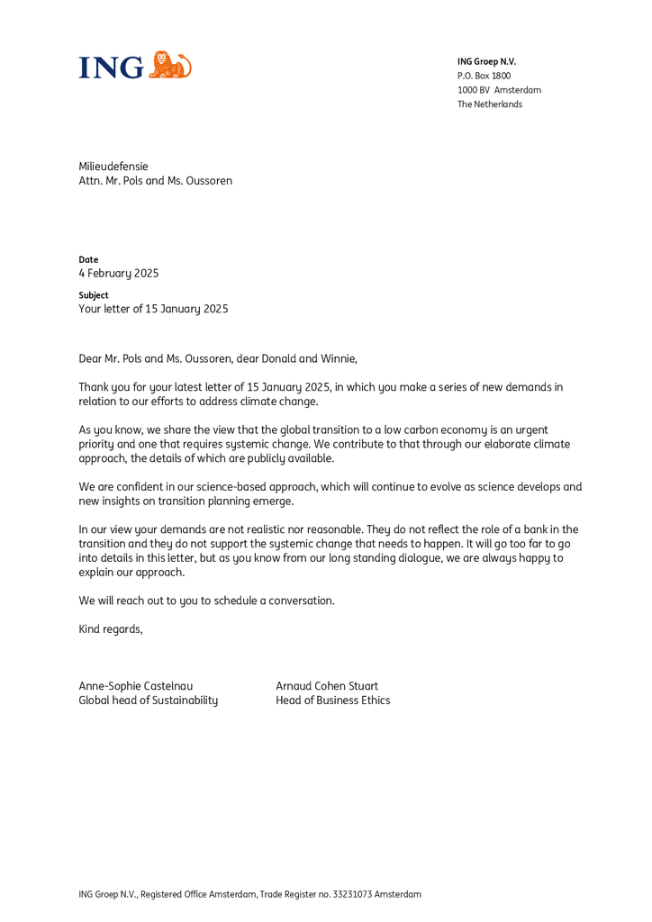 Voorbeeld van de eerste pagina van publicatie 'Respons of ING to our notice of liability 2'
