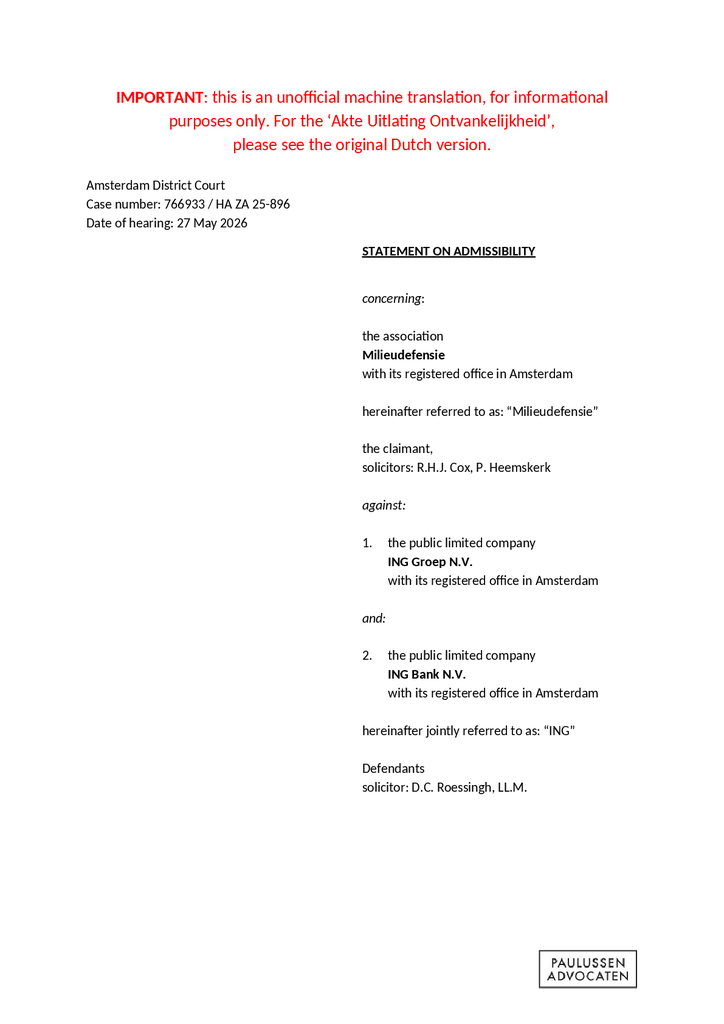 Voorbeeld van de eerste pagina van publicatie 'Brief on Admissibility in Climate Case ING'