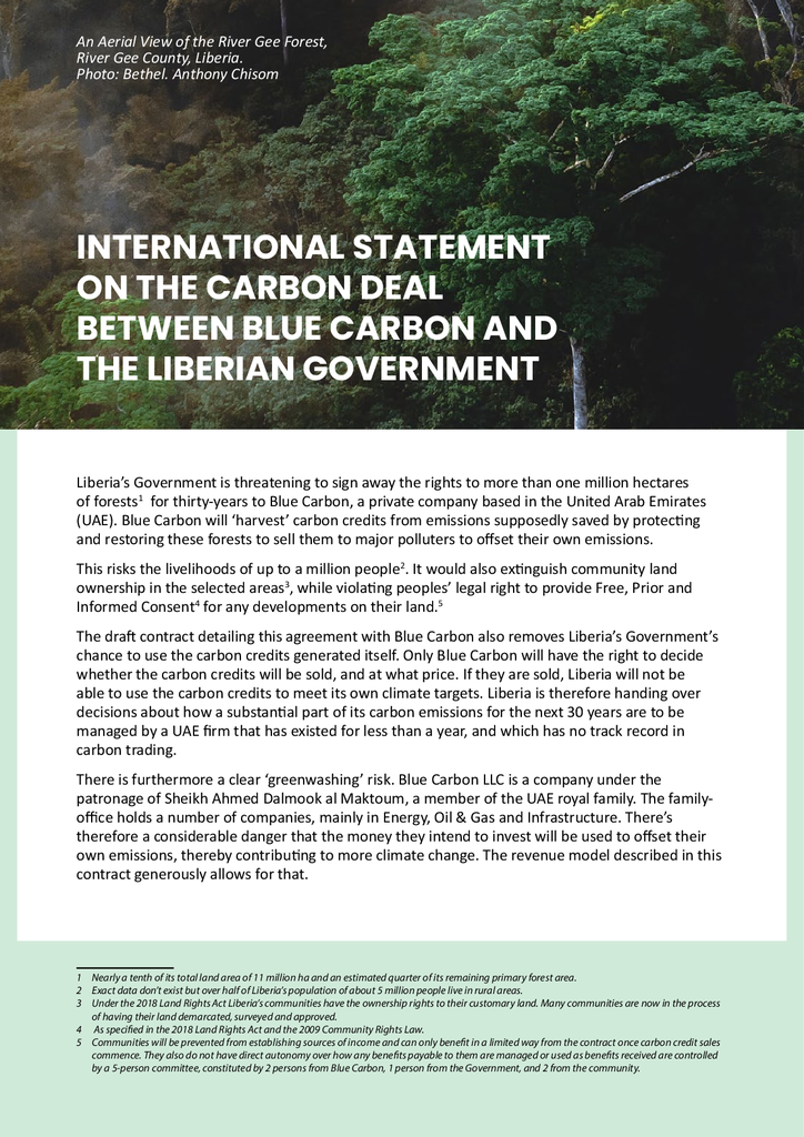 Voorbeeld van de eerste pagina van publicatie 'Selling forests for carbon credits is neo-colonialism'