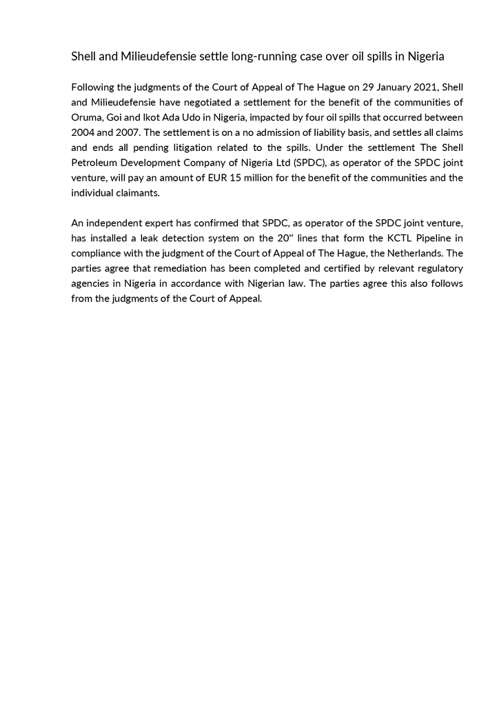 Voorbeeld van de eerste pagina van publicatie 'Shell and Milieudefensie settle long-running case over oil spills in Nigeria'