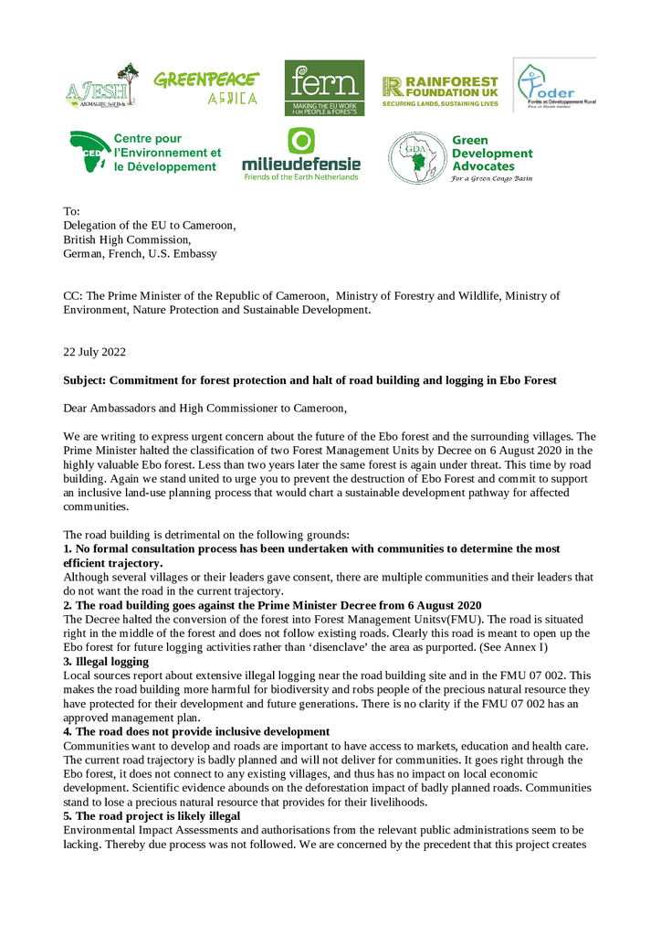 Voorbeeld van de eerste pagina van publicatie 'Commitment for forest protection and halt of road building and logging in Ebo Forest'