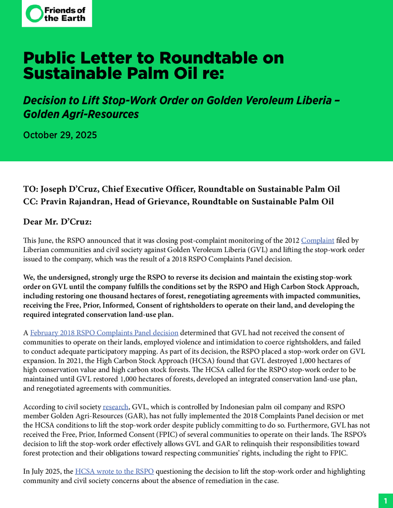 Voorbeeld van de eerste pagina van publicatie 'Palm oil sustainability label RSPO is challenged over a deforestation company in Liberia'