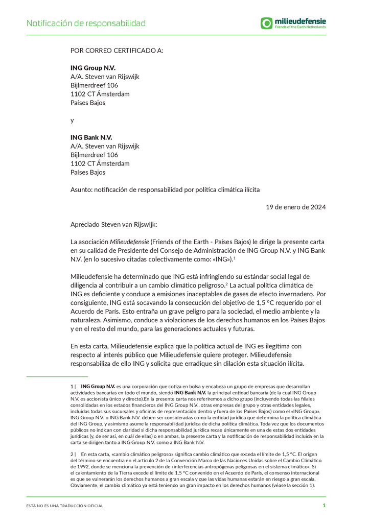 Voorbeeld van de eerste pagina van publicatie 'This is our official letter to ING (Español)'