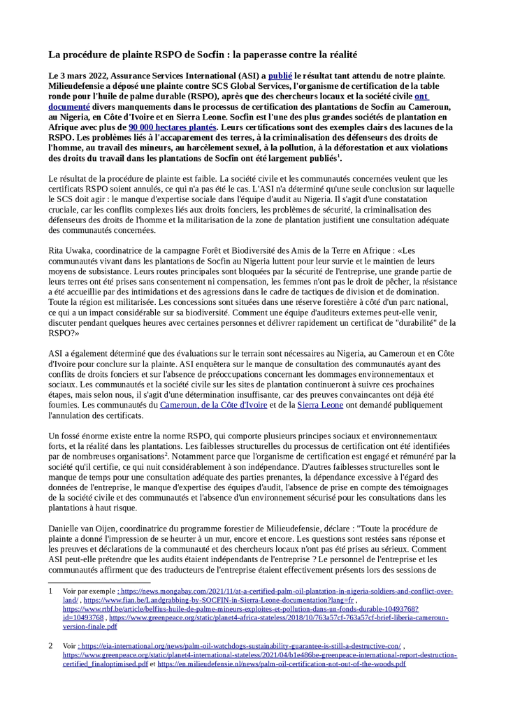 Voorbeeld van de eerste pagina van publicatie 'The Socfin RSPO complaints process: paperwork versus reality (French version)'
