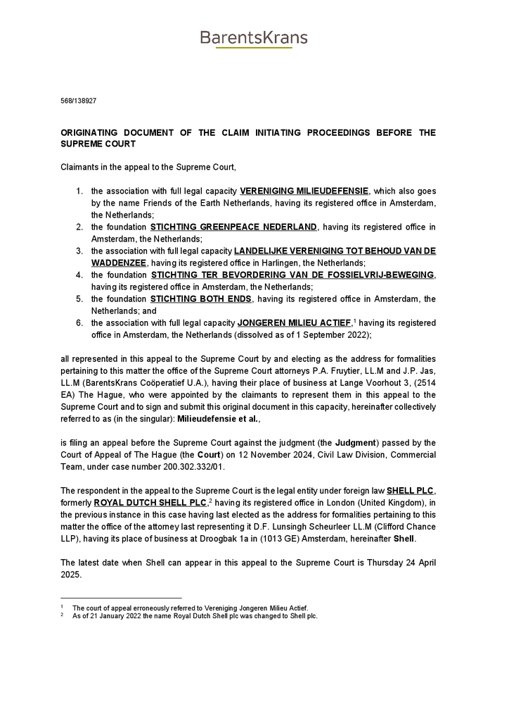 Voorbeeld van de eerste pagina van publicatie 'Translation: Originating document appeal Supreme Court'