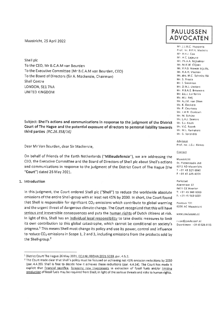 Voorbeeld van de eerste pagina van publicatie 'Our letter to the board members of Shell'
