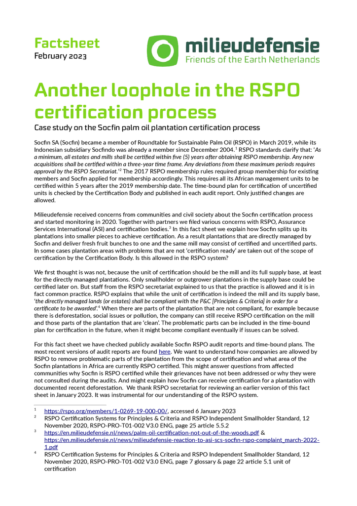 Voorbeeld van de eerste pagina van publicatie 'RSPO loophole: Socfin excludes parts of plantations from certification'