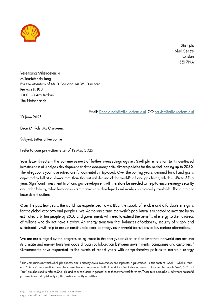 Voorbeeld van de eerste pagina van publicatie 'Shell's response to our demands in the new climate case against Shell'