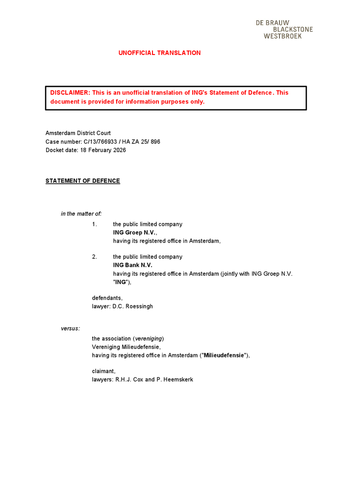 Voorbeeld van de eerste pagina van publicatie 'Statement of Defense of ING'