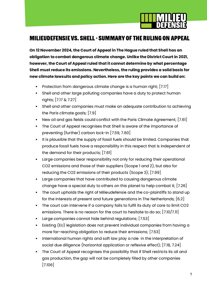 Voorbeeld van de eerste pagina van publicatie 'Milieudefensie vs. Shell - Summary of the ruling on appeal'