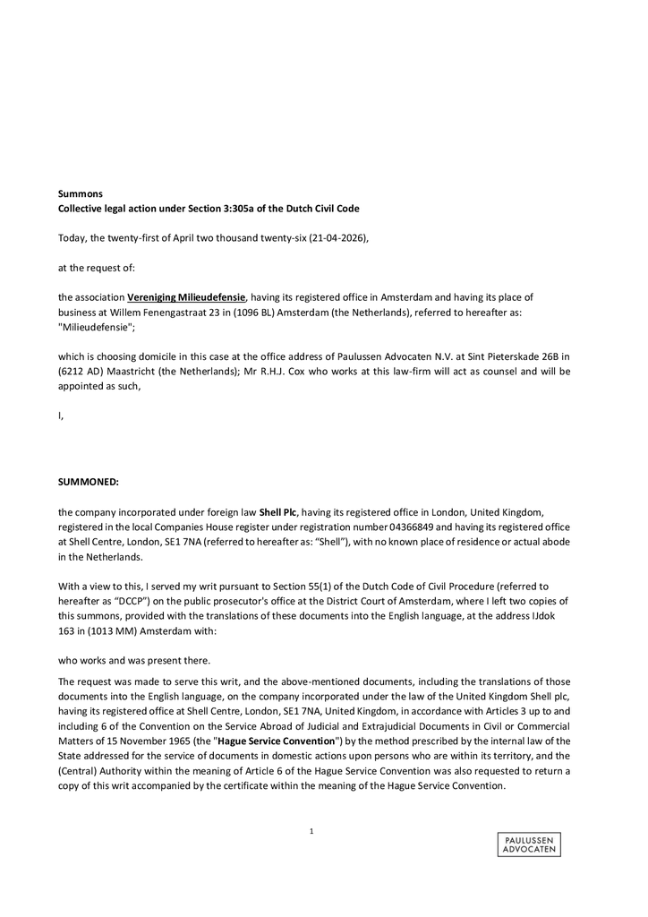 Voorbeeld van de eerste pagina van publicatie 'Summons second Climate Case Shell'