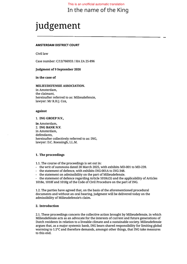 Voorbeeld van de eerste pagina van publicatie 'Ruling on the Admissibility of Milieudefensie’s Case in the ING Climate Case'